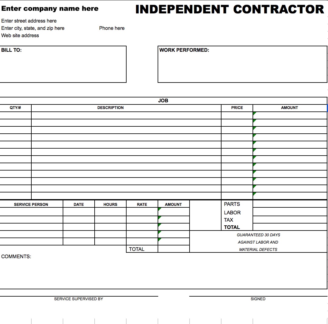 Excel contractor contractors invoice template free invoice